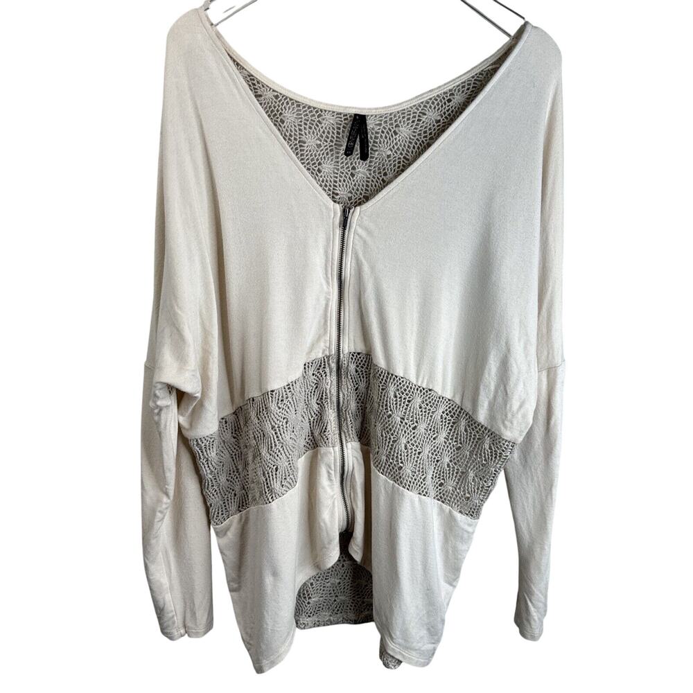 Gentle Fawn Sweater Women XS Oversized Zip Front Crochet Lagenlook Boho Cream‎